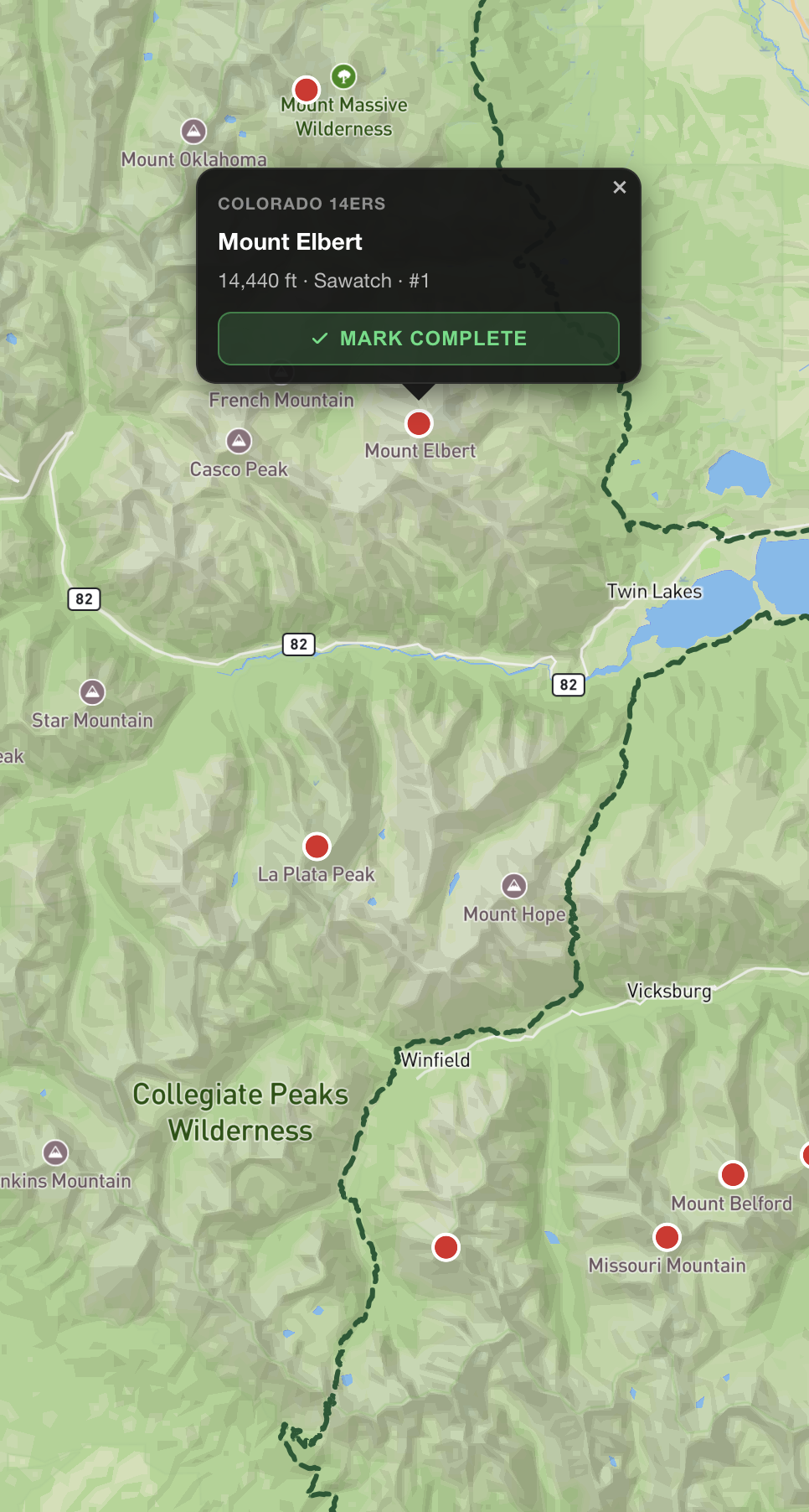 Colorado 14ers checklist with Mt Elbert popup and Mark Complete button