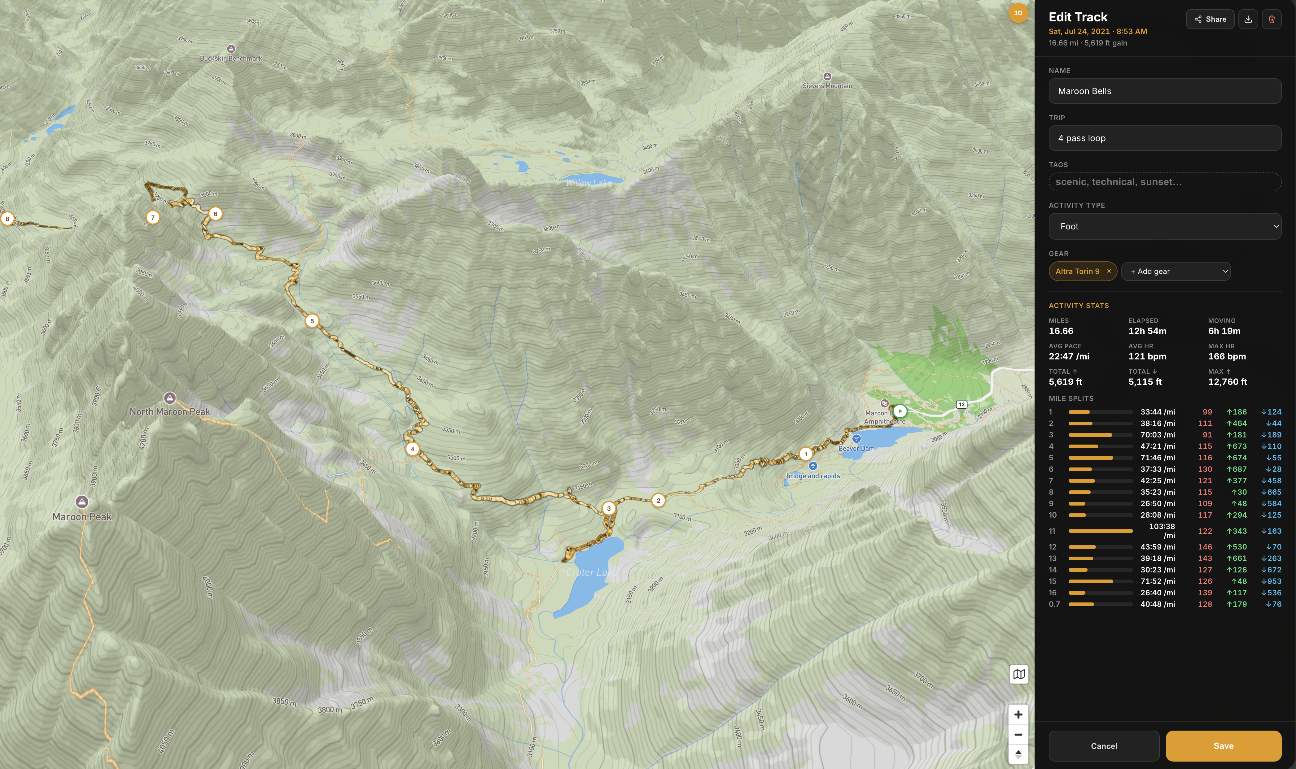 Edit Track view showing 16.66 miles, 5,619 ft gain, mile splits with heart-rate data
