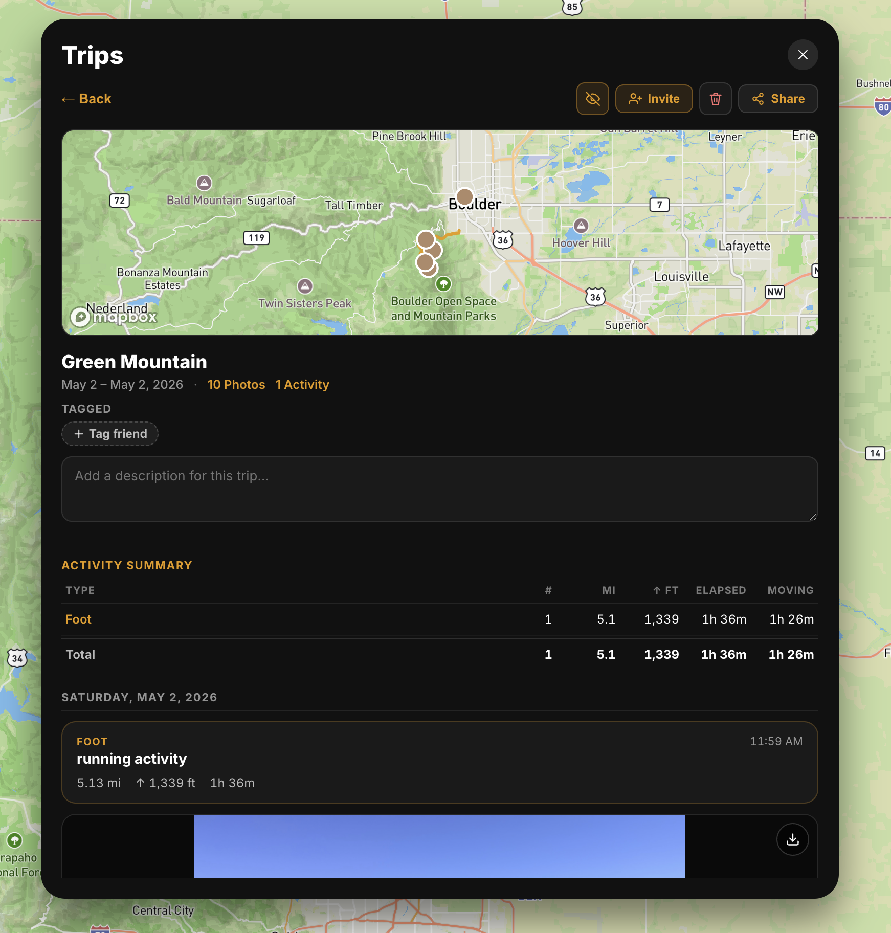 Trip detail view with embedded mini-map, friend tagging, and a photo from the trip