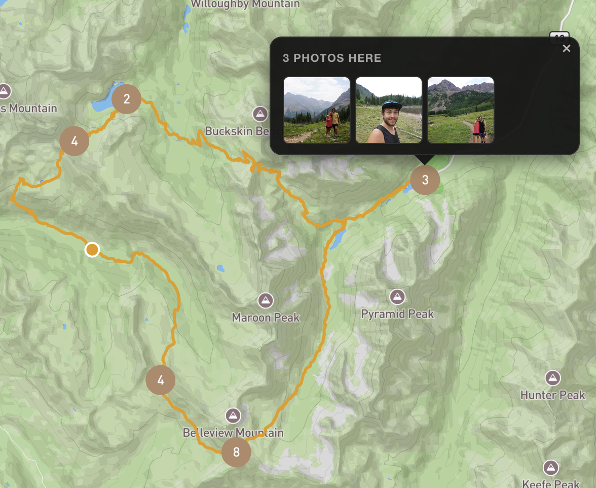 dirtplease map showing a trail loop with photo clusters along the route